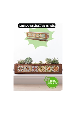 Halohope El Yapımı 6 Meksika Çinili Dekoratif Modern Ahşap Dikdörtgen Kaliteli Bahçe Balkon Saksı Saksılık