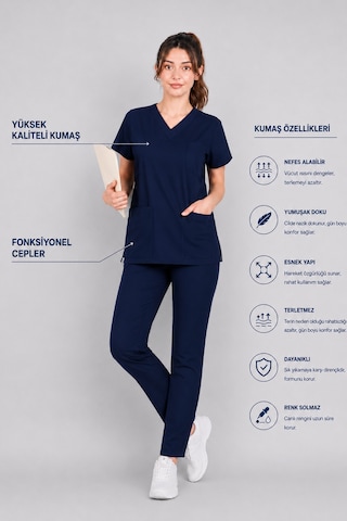 Üniforma Lacivert Hemşire Ve Doktor Forması Scrubs Takımı Likralı Alt Üst Üniforma Unisex Yarasa Kol