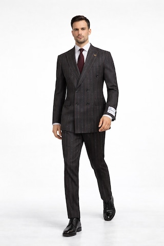 Fabıo Cassel Çizgili Kruvaze Erkek Takım Elbise Slim Fit Füme