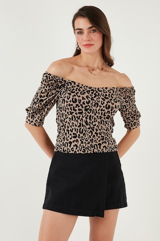 Lela Truvakar Kol Geniş Yaka Bayan Bluz 5869001 Siyah-Leopar