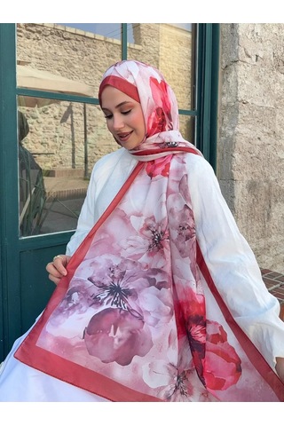 Mira İpek Gül Desen Pamuk Şal Bordo