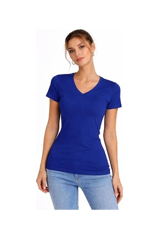 Meleners T-shirt V Yaka Slim Fit Likralı Tişört Günlük Basic Body - İndigo
