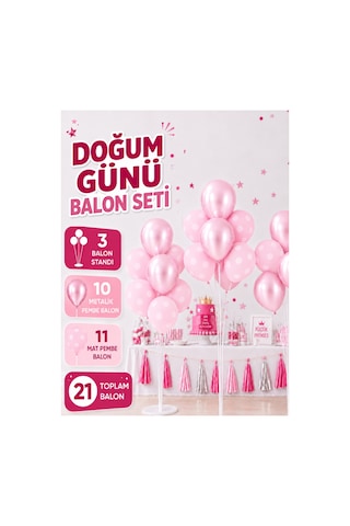 21 Balonlu Doğum Günü, Kutlama, Parti Balon Seti - 3 Adet Balon Standı - 21 Balon Adet Balon - Parti Süsleme - Bebek Partileri Pembe