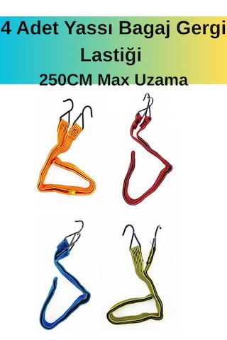 250cm Uzar-4 Adet Yassı Tip Bagaj Lastik - 85-90 Cm Demir Kancalı Karışık Renk