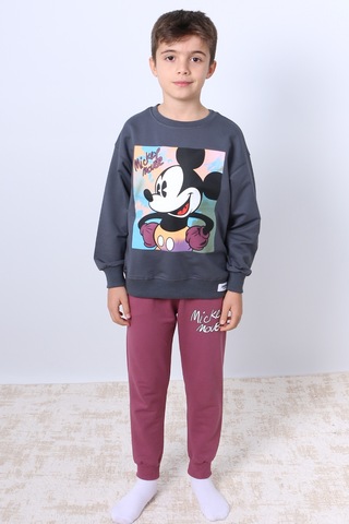 Erkek Çocuk Eşofman Takımı Mickey Mouse Baskılı Ribanalı F4 Vişne Çürüğü