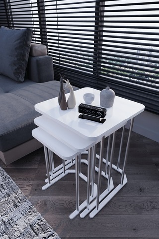 3' Lü Kare Zigon Sehpa Gümüş Ayak Beyaz 18 Mm Mdf Beyaz - Gümüş