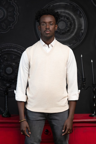 V Yaka Regular Fit Yünlü Kolsuz Triko Süveter Krem