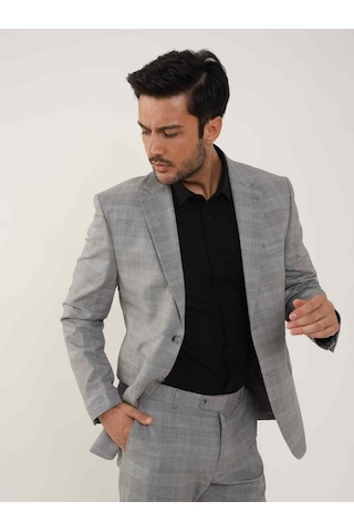 Dufy Gri Erkek Slim Fit Ekose Desenli Mono Yaka Takım Elbise - 95012-gri Gri
