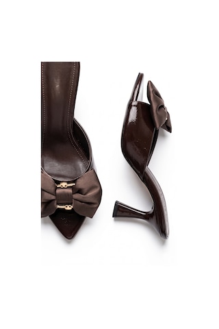 V.s.h Velvet Kadın Fiyonklu 8 Cm Kahverengi Topuklu Terlik / Siloy-2468