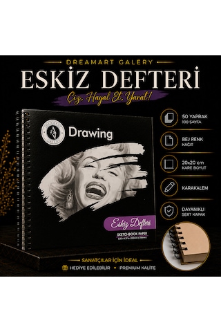 Dreamart Galery Eskiz Defteri 20x20 Cm 100 Sayfa 50 Yaprak Bej Renk İç Kağıt Spiralli Sert Kapak Karakalem Çizim Defteri