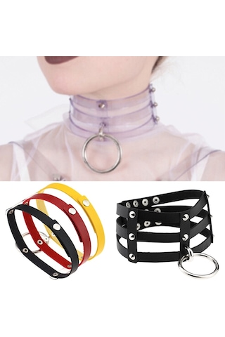 Harajuku Moda Punk İk Perçin Yaka El 3 Sıralı Kafesli Deri Yaka Kolye Kırmızı Çok Renkli