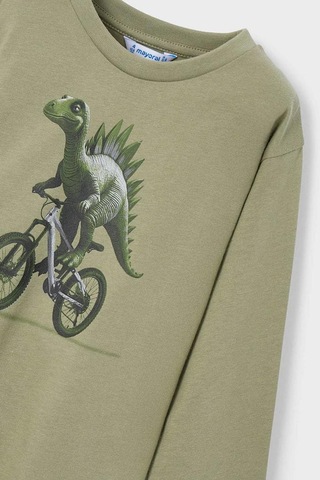 Erkek Çocuk Normal Kalıp Uzun Kollu Dinozor Baskılı T-shirt - Yeşil Kahverengi
