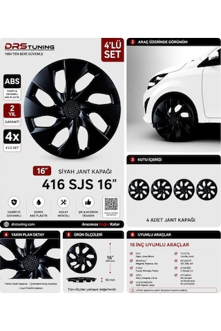 Volkswagen Uyumlu 16 Inç Kırılmaz Parlak Siyah Jant Kapağı 1 Takım 4 Adet No:416