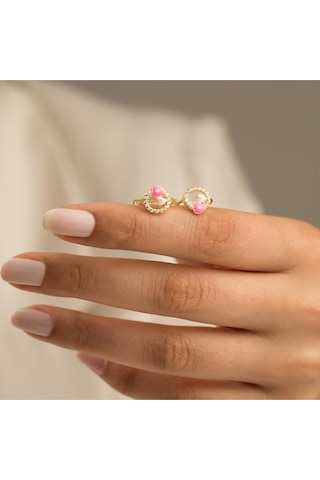 Çgk Çiğdem Gürel Kuyumculuk 14 Ayar Pembe Kalpli Taşlı Çocuk Küpesi Sevimli Kız Çocuk Küpe Modeli Gold