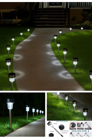 Beyaz Led Işıklı Solar Güneş Enerjili 4 Adet Metal Gövdeli Saplamalı Bahçe Lambası 30 Cm Beyaz Led Beyaz