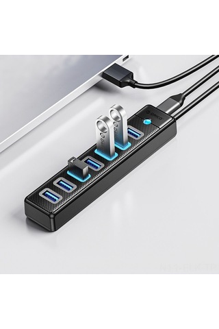 Xindoker Orico 7 Port Usb 3.0 Hub Pw7u-u3 Siyah - 5gbps Hızlı Veri Transferi, 5v3a Sabit Besleme, 1m Usb-a Kablolu, Abs Malzeme, Mavi Led Gösterge