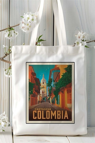 Art Hediye Colombia Baskılı Bez Çanta Omuz Çantası Kişiye Özel Desen Çok Renkli