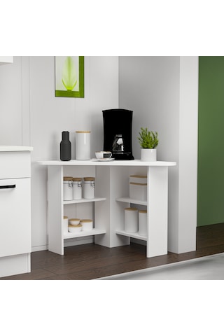 Corner Kahve Köşesi Çok Amaçlı Raflı Mutfak Masası, Beyaz Beyaz