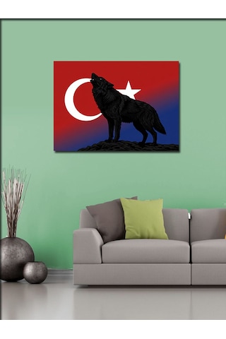 Kanvas Tablo Türk Bayrağı Ve Kurt Silüeti