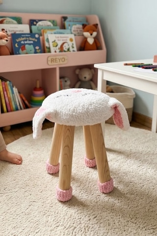 Reyo Hayvan Figürlü Ahşap Amigurumi Çocuk Taburesi Tavşan Beyaz