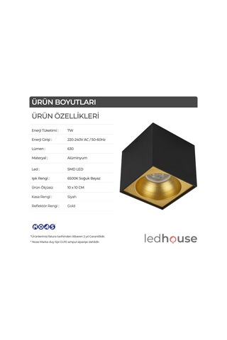 Spot Lamba Led 7W Kare Siyah-Gold Duvar Aydınlatma Armatür