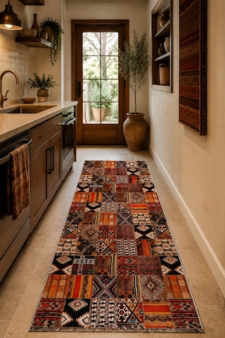 Patchwork Kilim Desenli Bohem Etnik Halı Turuncu Siyah 3046