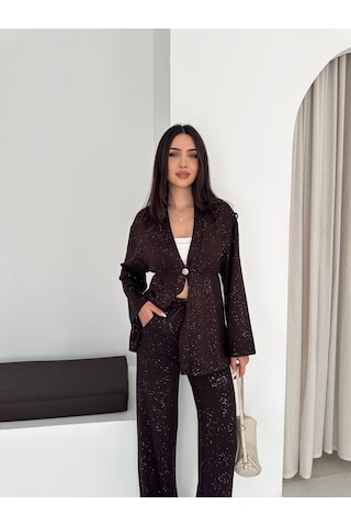 Kadın Simli Uzun Kol Modal Kumaş Kimono Pantolon İkili Takım Şık Ve Rahat Kadın Takım Kahverengi