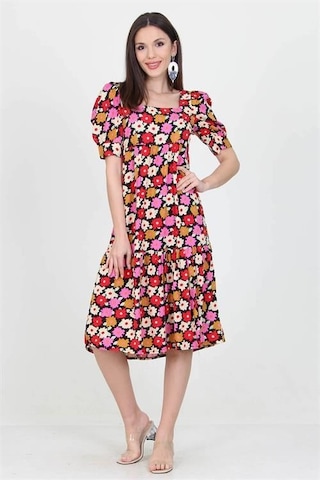 Dip Moda Kadın Kare Yaka Çiçek Desenli Viskon Elbise Dpnb10026 Kırmızı