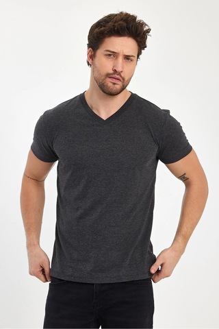 Erkek Compact Penye V Yaka T-shirt Antrasit