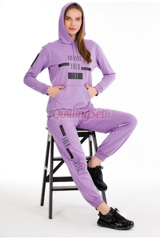 Lady Uzun Kol Ve Kapüşonlu 22068 Kadın Lila Renk Spor Eşofman Takımı