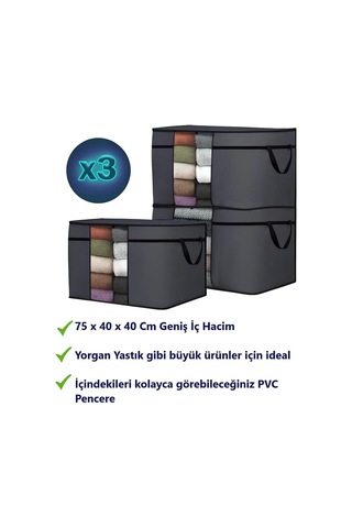 3 Adet Pencereli Yastık Saklama Hurcu - Mega Boy Yorgan Hurç Organizer Düzenleyici - 75 X 40 X 40 Cm Antrasit Diğer