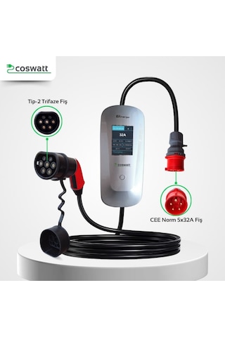 Elektrikli Araba Taşınabilir Şarj Cihazı 22 Kw / 32a / Tip-2 / 5x32a Fiş / Trifaze / 5m / Çantalı / Ev Tipi Dönüştürücü Kablolu 22 Kw