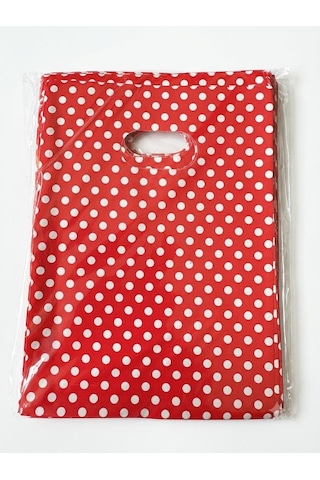 Omeyva Kırmızı Puantiyeli Metalize Hediye Paketi El Geçmeli Poşet - 12x17 Cm. - 100 Adet