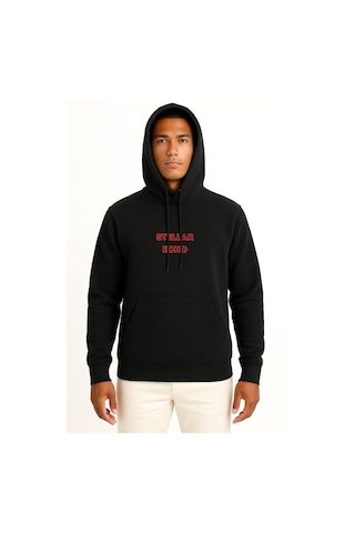 Kapüşonlu Stellar Echo Anime Göğüs Baskılı Unisex Sweatshirt Siyah