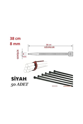 50 Adet Pemsan 38Cm X 8Mm Plastik Cırt Kelepçe Siyah