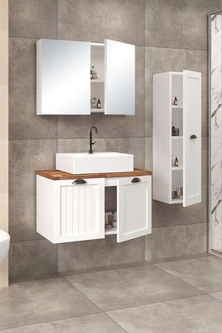 %100 Mdf 80 Cm Aren Banyo Dolabı + 30 Cm Aren Boy Dolabı Beyaz