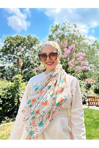 Moda Kaşmir Flora Desen Bambu Eşarp Turuncu-yeşil