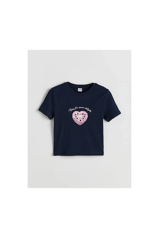 LC Waikiki Lcw Kids Lacivert Bisiklet Yaka Baskılı Kız Çocuk Crop Tişört Navy