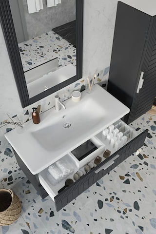 Erguvan Gümüş Kulp Antrasit 100 Cm %100 Mdf Lavabolu Banyo Dolabı Ayna Lavabo Boy Dolabı Antrasit