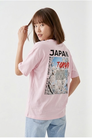 Hoxie Unisex Pembe Oversize Tişört - Minimal Tokyo Tipografi Baskılı
