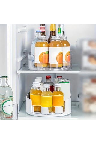 Honeybeeshop Bej Şeffaf Plastik Mutfak Depolama Tepsisı 360 Dönen Ayrılabilir Çok Bölmeli Raf Bej