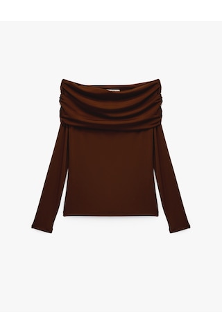 Koton Slim Fit Uzun Kollu Drapeli Omzu Açık Tişört Kahverengi 6wak80032ek Kahve