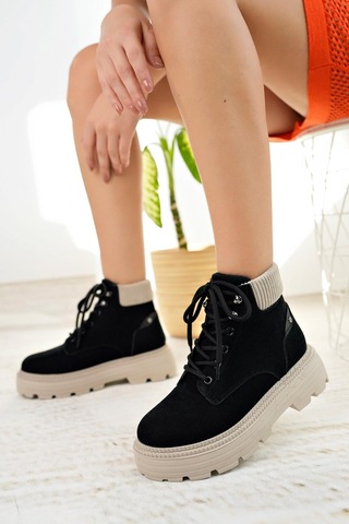 Nesil Shoes Mugo 504 Siyah Süet Bağcıklı Kadın Bot-siyah Süet Siyah