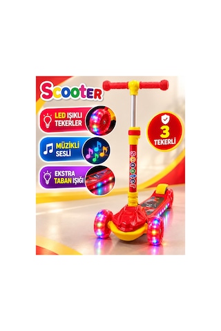 Scooter Led Işıklı 3tekerli Müzikli Katlanabilir Dayanıklı Gövde 3+yaş Kırmızı