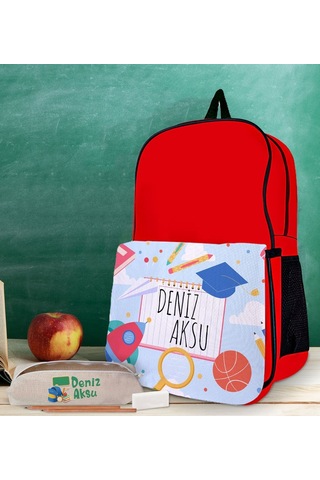 Bk Gift Kişiye Özel İsimli Kırmızı Okul Çantası Ve Kalemlik Hediye Seti-5
