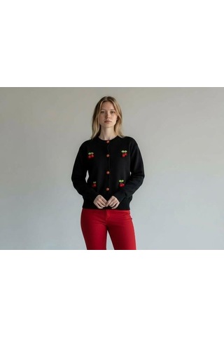 Eren Style Triko Kiraz Detaylı Cotton Angora Yünlü Bisiklet Yaka Hırka Siyah
