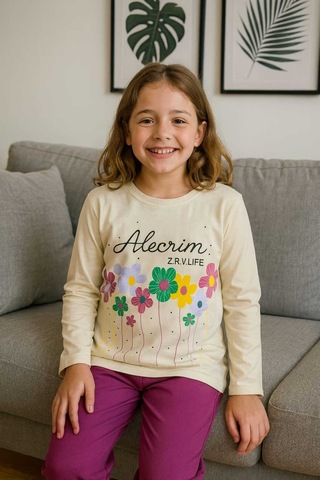 Çocuk Pijama Takımı %100 Pamuk Çiçek Desenli Krem