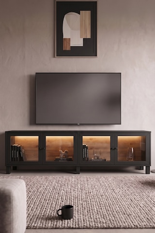 Robin Home Prime Temperli Cam Kapaklı Neon Led Işıklı Tv Ünitesi Tv Sehpası Vitrin Ahşap Ayaklı Sepet-siyah