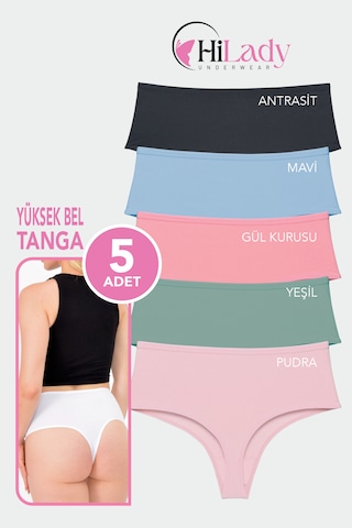 Hilady Kadın Tanga, Yüksek Bel Tanga 5'li Paket String, Tanga Külot Pamuklu Kumaş Koyu-softt