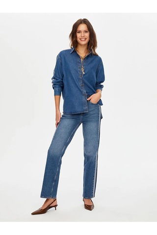 Faik Sönmez Kontrast Bant Detaylı Tenselli Kadın Jean Gömlek W26jgm001 İndigo